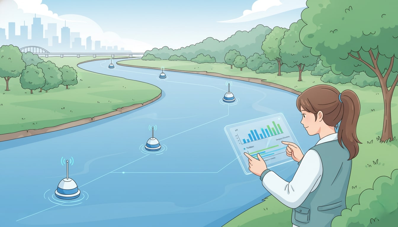 Ilustración de sensores flotando en un río conectados a una interfaz de datos sobre calidad del agua.